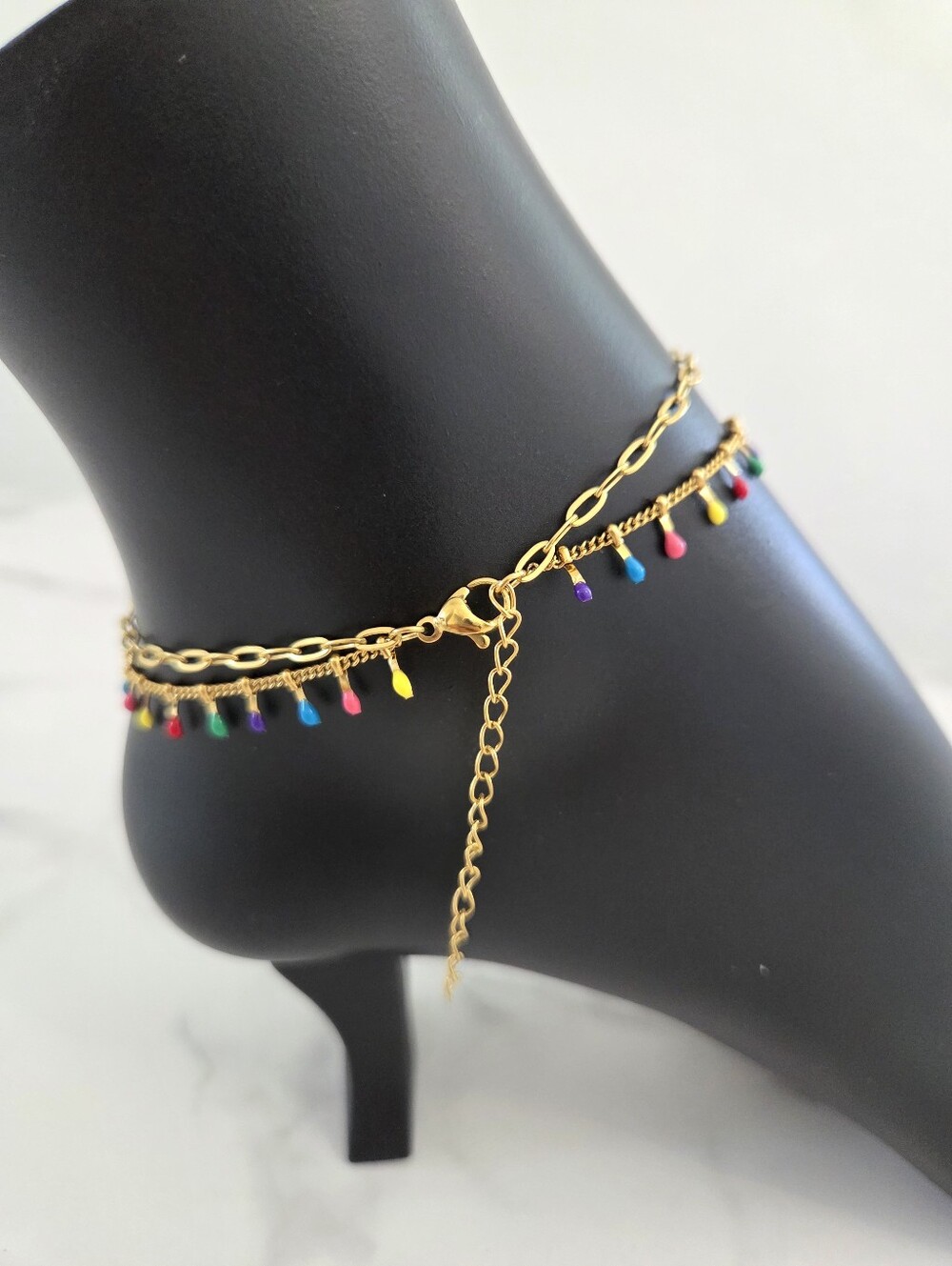 Multicolor Layered Dangle Anklet Colorful Bead Drop Double Chain Beach Jewelry - Picture 8 of 13